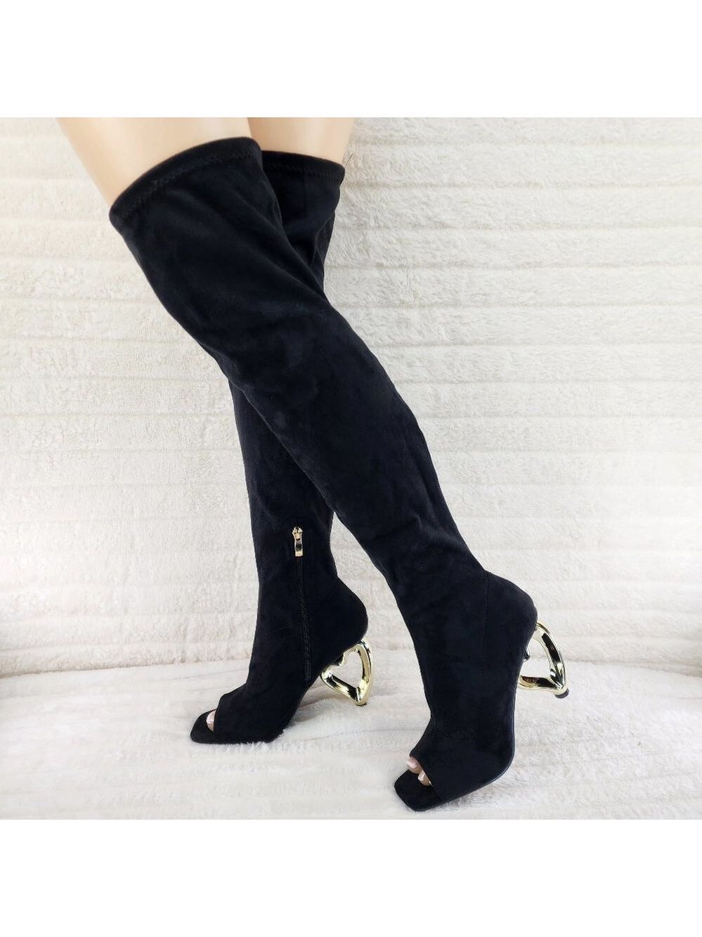 Zen Love Black Stretch Faux Suede Over The Knee Boots With Wedge Heart heels